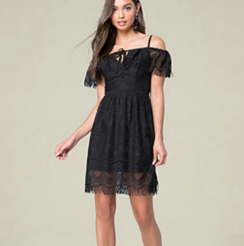 Bebe Off Shoulder Lace & Fringe Dress - NWT!